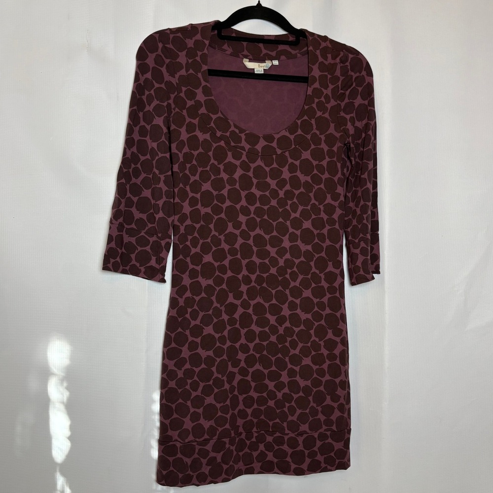 Boden Dress UK 6 US 2 Plum Brown Polka Dot 3/4 Sleeve Fitted Casual WL622